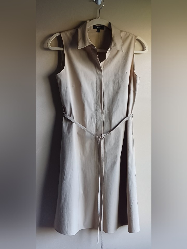Theory Sleeveless Shirt Dress With Collared Neck And A Matching Self-Tie Belt.
